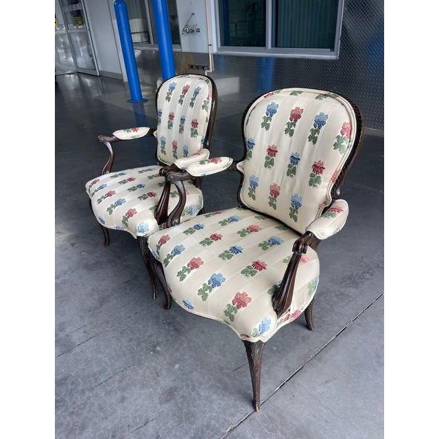 Late 20th Century Louis XV Style Carved Wood Armchairs With Floral Upholstery, a Pair For Sale - Image 5 of 12