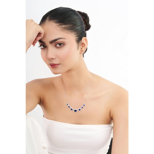 Ink Blue 7.3ct Emerald-Cut Blue Sapphire Diamond Halo Station Necklace in 14k White Gold For Sale - Image 8 of 18