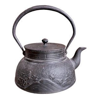 Antique Meiji Period Japanese Cast Iron Tetsubin Teapot With Scenic Motif For Sale