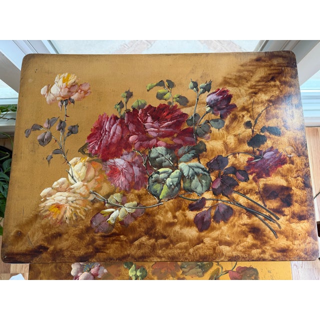 Victorian Antique R J Horner & Co. Art Nouveau Faux-Bamboo Floral Nesting Tables - Set of 4 For Sale - Image 3 of 11