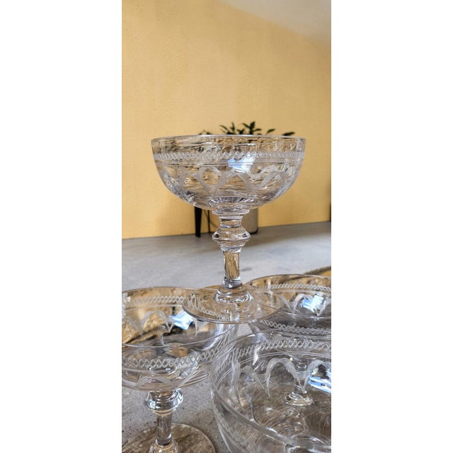 Glass 20th Century Engraved Crystal Champagne Coupes, 1920, Set of 9 For Sale - Image 7 of 8