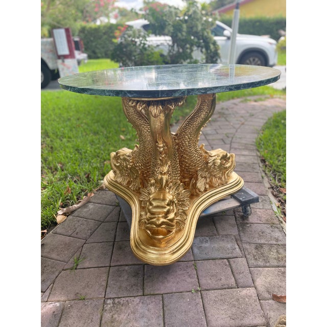 Rare Italian Dolphin Table, Circa 1910–1930, Restored Gold Leaf & Original Green Marble For Sale In Miami - Image 6 of 12