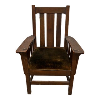 Early 1900s Antique Stickley Bros. Arts & Crafts Oak Chair With Velvet Upholstery For Sale