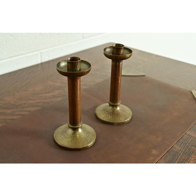 Roycroft Roycroft Arts & Crafts Brass Finished Hammered Copper Candlesticks, Pair For Sale - Image 4 of 9