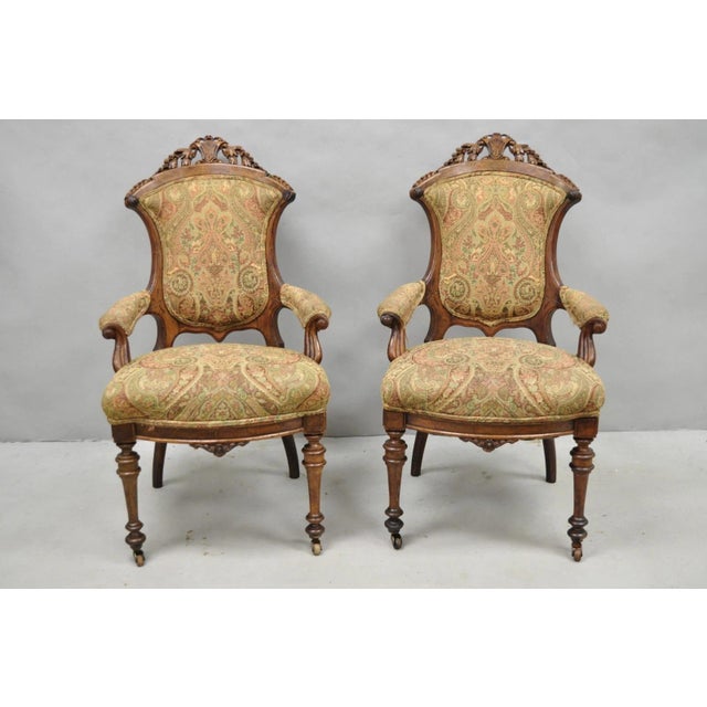 Victorian Antique Eastlake Victorian Carved Burl Walnut Parlor Set Sofa & 2 Chairs - 3 PCS For Sale - Image 3 of 18