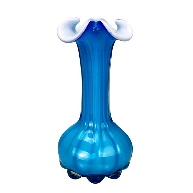 Mid-Century Atomic Blue Blown Art Glass Sculpted Vase For Sale - Image 9 of 9