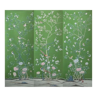 Hand-Painted Emerald Green Bird & Floral Wall Panels, Set of 3 For Sale