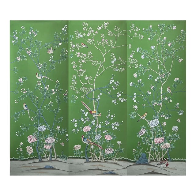 Hand-Painted Emerald Green Bird & Floral Wall Panels, Set of 3 For Sale