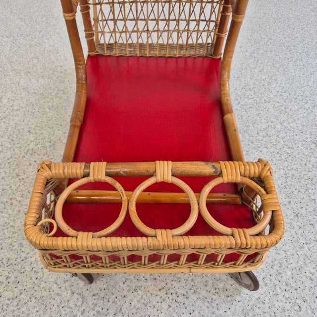 Wood Mid-Century Modern Bar Cart in Wicker with Red Shelves, 1950s For Sale - Image 7 of 11