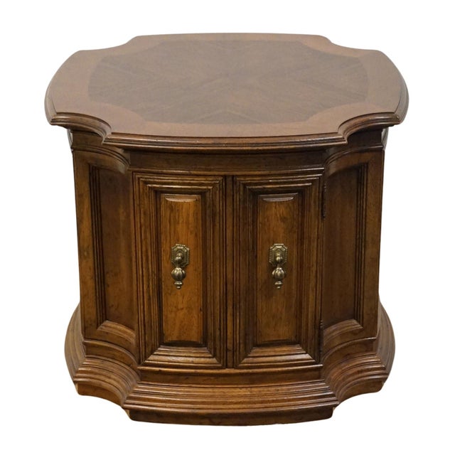 Mediterranean Drexel Heritage Banded Bookmatched Walnut Italian Mediterranean Style 26" Accent Storage End Table For Sale - Image 3 of 10