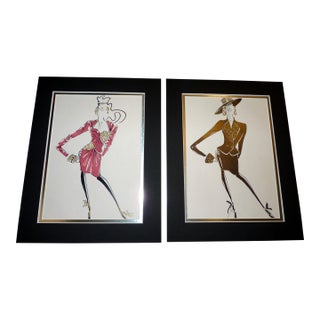 Vintage 1990s Set of 2 Paris Fashion Stat Matted- Avant-Garde Plaid Couture Study Attributed to Ungaro For Sale