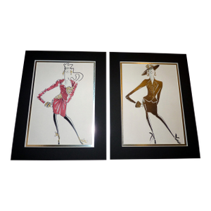 Vintage 1990s Set of 2 Paris Fashion Stat Matted- Avant-Garde Plaid Couture Study Attributed to Ungaro