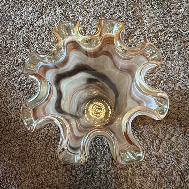 Glass Vintage MCM Murano Style Ruffled Hand Blown Swirl Art Glass Vase For Sale - Image 7 of 7
