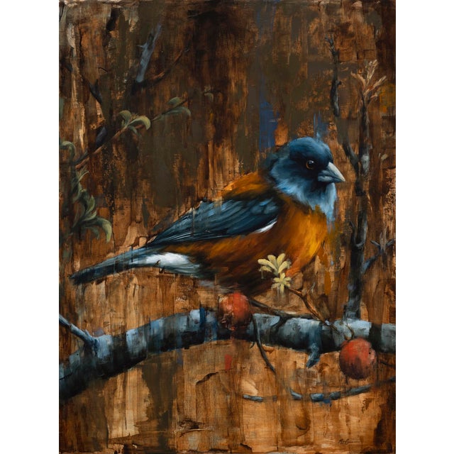 Break From Flight by Morgan Cameron | Oil on panel Bird perched on a branch with autumn foliage. For Sale