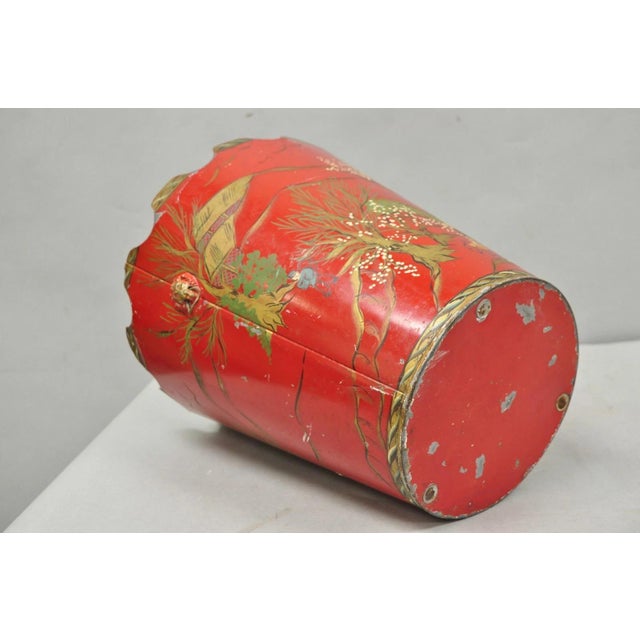 Mid 20th Century Italian Chinoiserie Hand Painted Oriental Red Tole Metal Wastebasket Trashcan For Sale - Image 15 of 18