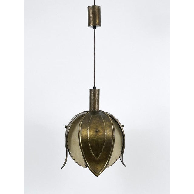 Unique, lovely and highly decorative mid-century modern hand-made brass and parchment pendant lamp or hanging light....