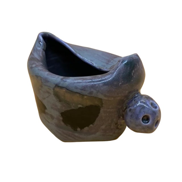 Contemporary Vintage Zoomorphic Studio Pottery Vessel With Bull Head Handles, Signed For Sale - Image 3 of 4