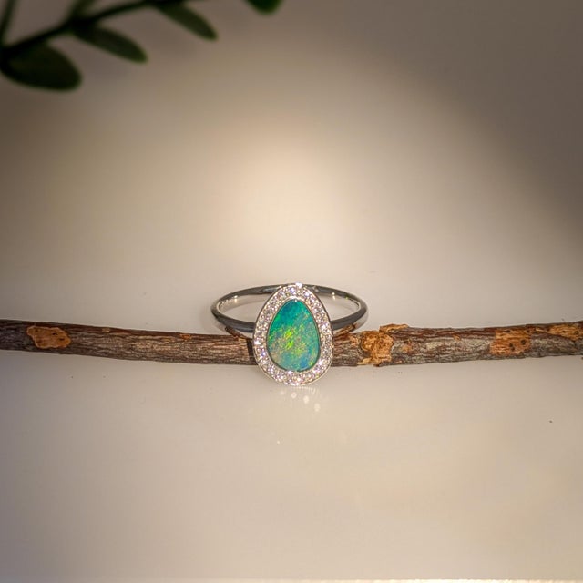 Contemporary 1ct Boulder Opal Ring W Diamond Accents in 14k Gold | Fancy Shape 9x7mm For Sale - Image 3 of 7