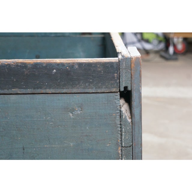 Antique Primitive Pine Bin Teal Blue Milk Paint Wood Storage Rolling Crate Box For Sale - Image 11 of 16