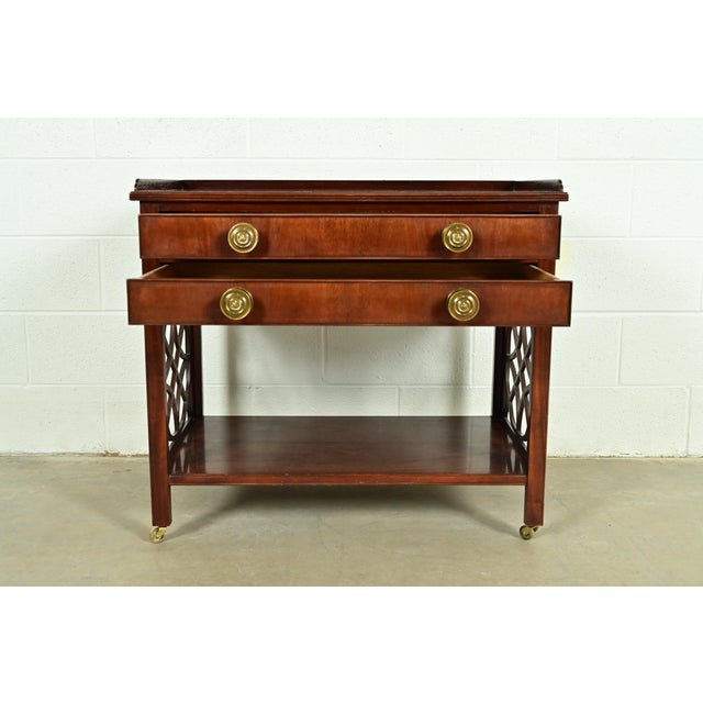 Late 20th Century Baker Furniture Historic Charleston Chippendale Carved Mahogany Rolling Buffet Server or Bar Cart For Sale - Image 5 of 11