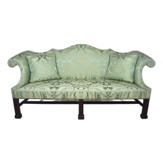 Custom George III Mahogany Camel Back Sofa With Damask Silk Upholstery For Sale