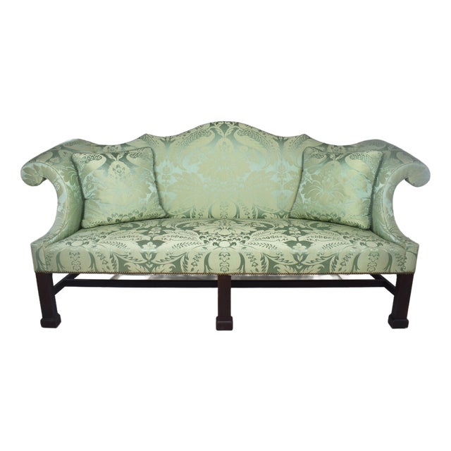 Custom George III Mahogany Camel Back Sofa With Damask Silk Upholstery For Sale