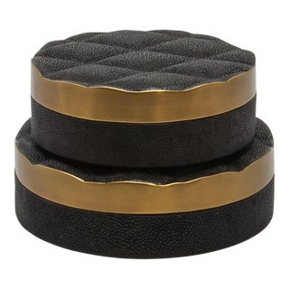Set of 2 Quilted Boxes in Black Shagreen With Bronze Patina Brass by Kifu Paris For Sale