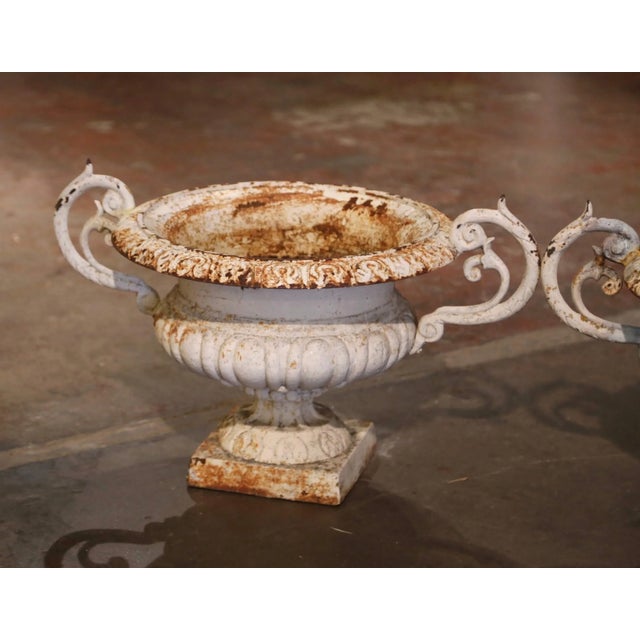 French 19th Century French Painted Weathered Iron Garden Urn Planters - Set of 2 For Sale - Image 3 of 9