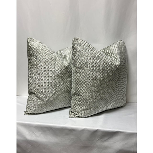 Handcrafted custom-tailored 20”x20” feather/down pillows in Scalamandré “Etosha Velvet” color Mineral. This beautiful...