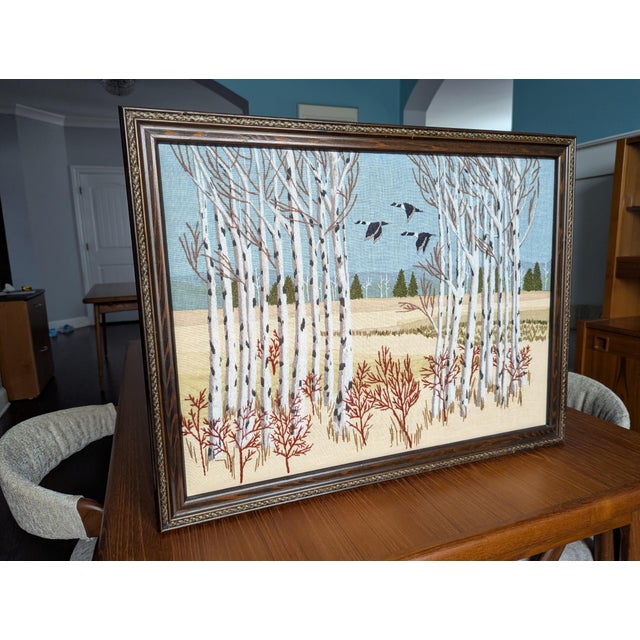 A stunning, large-scale original 1970s vintage Erica Wilson crewel embroidery textile artwork titled "Birch Trees and...