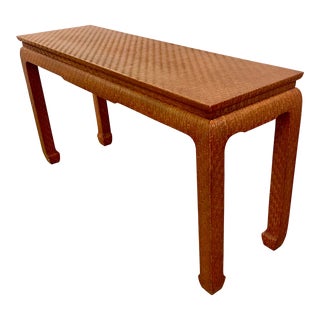 1970s Chinoiserie Lacquered Grass Cloth Covered Console Table by Baker Furniture For Sale