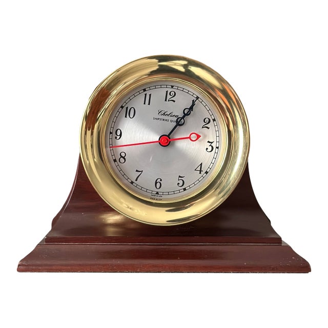 5.5" Brass Chelsea Shipstrike Quartz Mantel/Desk Clock and Traditional Wooden Base For Sale