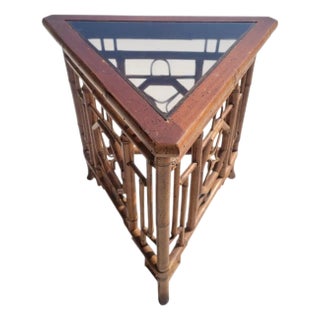 Vintage Chinese Chippendale Regency Bamboo Triangle Small Glass Top Side Table For Sale