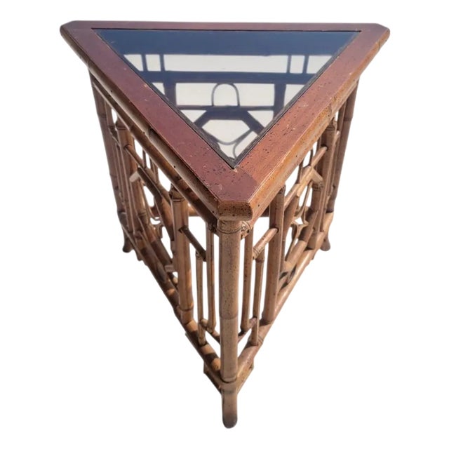 Vintage Chinese Chippendale Regency Bamboo Triangle Small Glass Top Side Table For Sale
