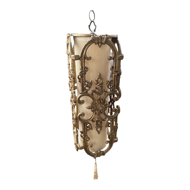 1960sSpanish Revival/ Hollywood Regency Metal and Gilt Pendant Lamp For Sale