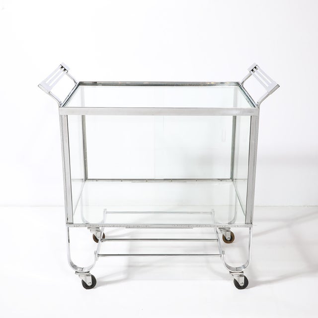 Silver Art Deco Polished Nickel Two-Tier Serving Cart W/ Glass Doors by Treitel & Gratz For Sale - Image 8 of 13