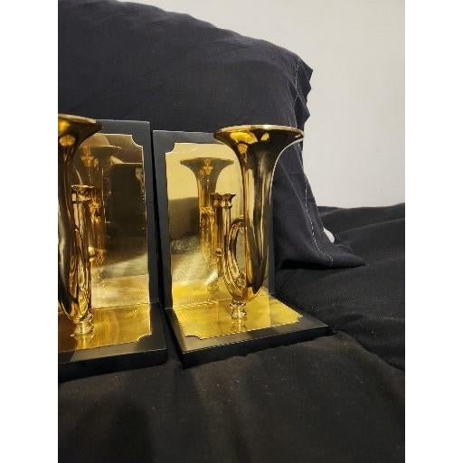 Mid-Century Modern Mid 20th Century Sarreid Ltd. Limited Edition Solid Brass Trumpet Sculptural Bookends - Pair For Sale - Image 3 of 16