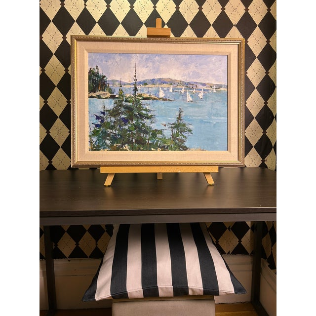Wood Impressionist Coastal Harbor Oil Painting With Sailboats, Framed 24" Signed Eileen Kelly For Sale - Image 7 of 15