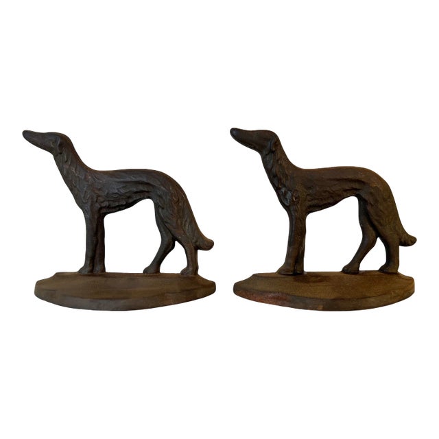 Vintage 1929 Art Deco Cast Iron Bookends, Russian Wolfhound - Corp - a Pair For Sale