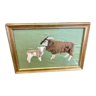 Vintage Handmade Framed English Textile Art Depicting Ram and Lamb For Sale