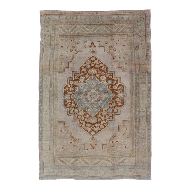 Vintage Turkish Oushak Rug in Brown, Pale Green, Taupe & Taupe Light Purple For Sale