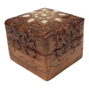 Mid 20th Century Hand Carved Brass Inlaid Small Wooden Box