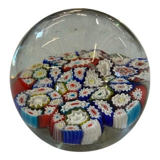 Vintage Murano Glass Italy Millefiori Star Flowers Art Italian Glass Paperweight For Sale
