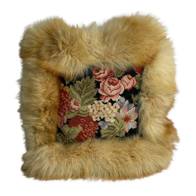 1960s Floral Needle Point & Fur Pillow For Sale