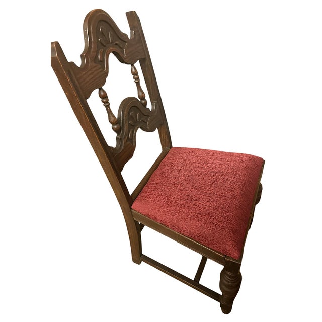 Spanish Revival Antique 1920s Spanish Revival Oak Dining Chairs With New Burgundy Seat Upholstery - Set of 4 For Sale - Image 3 of 5