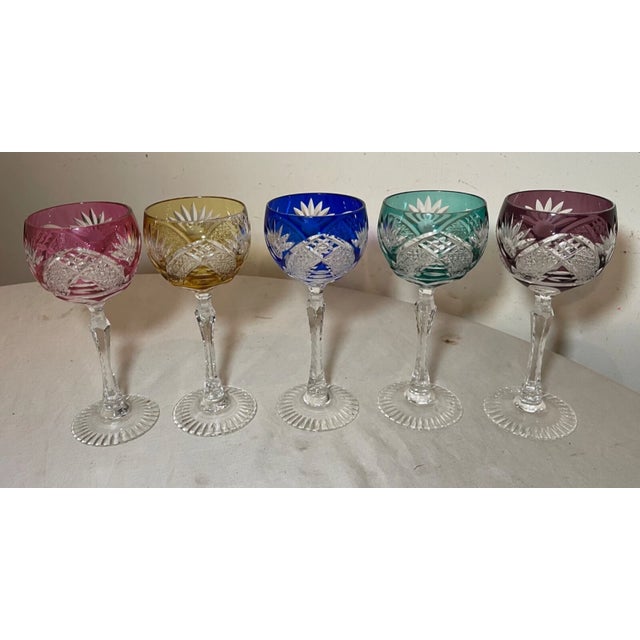 Boho Chic Lot 5 Vintage Cut to Clear Crystal Glass Cordial Red Wine Goblet Glasses Stems For Sale - Image 3 of 13