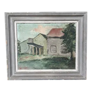 Mid 20th Century French Farmhouse Landscape Oil Painting on Board, Framed