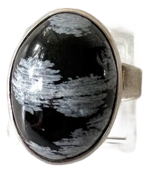 Sterling Silver Ring With an Oval Snowflake Obsidian Gemstone.