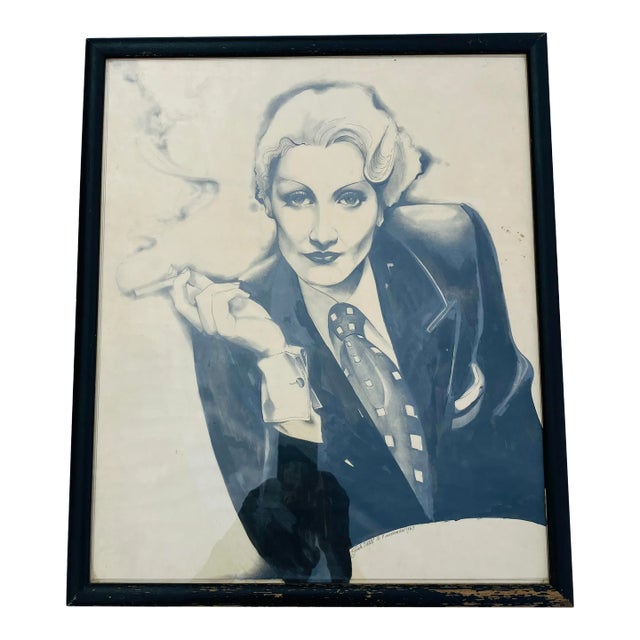 1967 Original Portrait Drawing of Marlene Dietrich For Sale