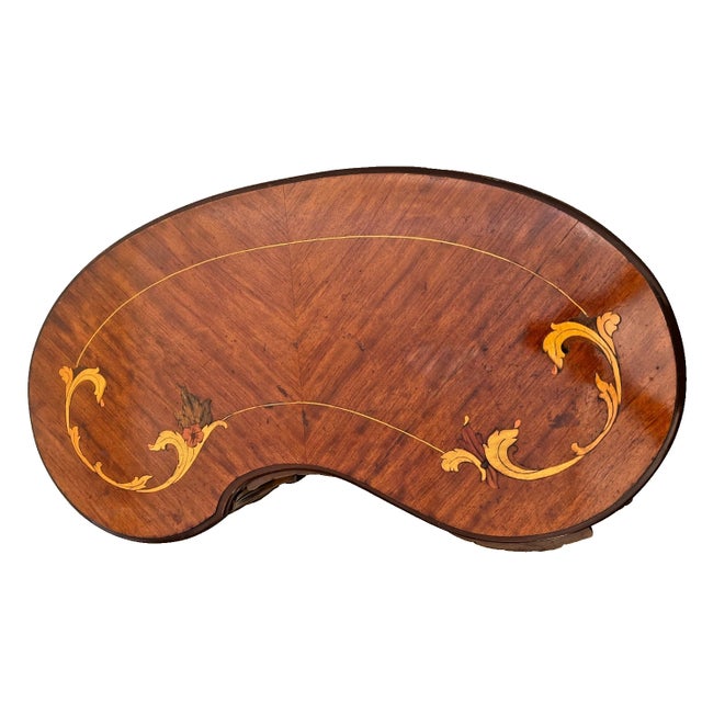 Vintage French Desk Kidney Shaped Vanity Three Carved Drawers Inlays Petite Size For Sale In Palm Springs - Image 6 of 13